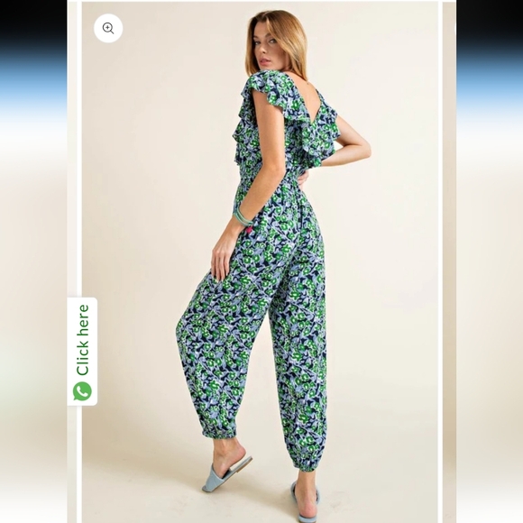 Kori Green Blue Ruffle Floral Sleeveless Jumpsuit Pockets NWT - Picture 9 of 9